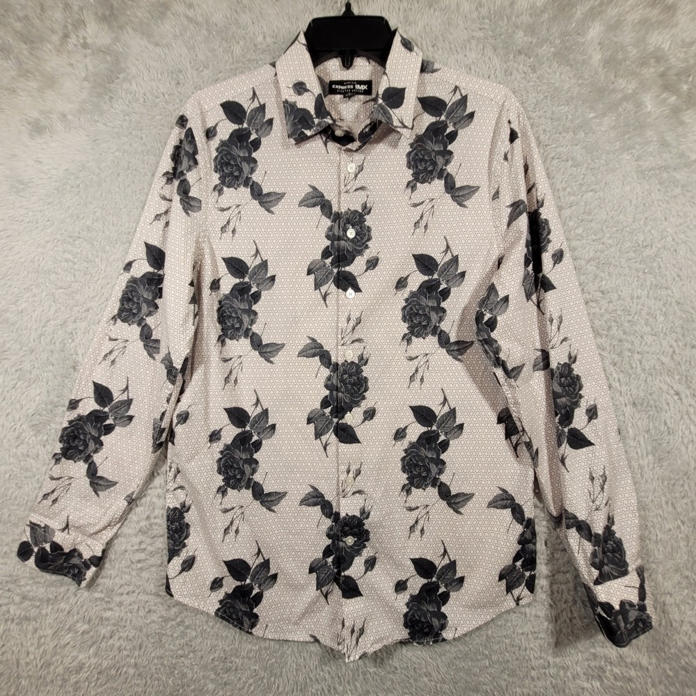 Express Button Up Mens Medium White Floral Extra Slim 1MX Stretch Cotton LS